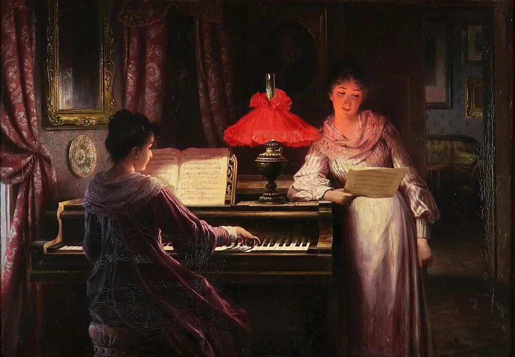 Carl Schweninger II - Cerimonia. Due giovani donne che suonano musica all'interno della sera